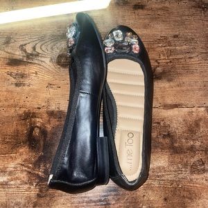 Like New MeToo Black Flats with Pink, White, & Black Gemstones